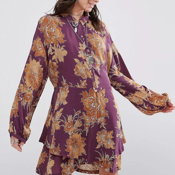 Free People Shake It Floral Mini Shirt Dress in Berry Combo XS - Picture 4 of 6